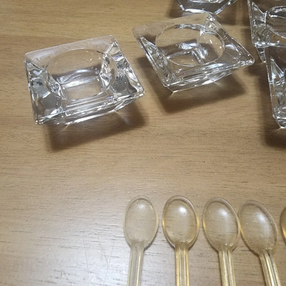 6- Vintage Salt Celllars with Spoons Square Shaped Clear Glass